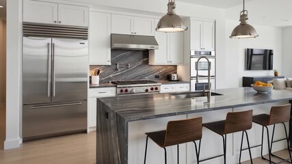 Stunning modern kitchen design featuring sleek countertops and state-of-the-art stainless steel