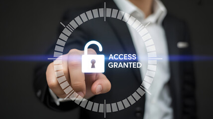 Successful businessman securing data with access granted, digital protection, security innovation, cyber safety for online business with a modern touch
