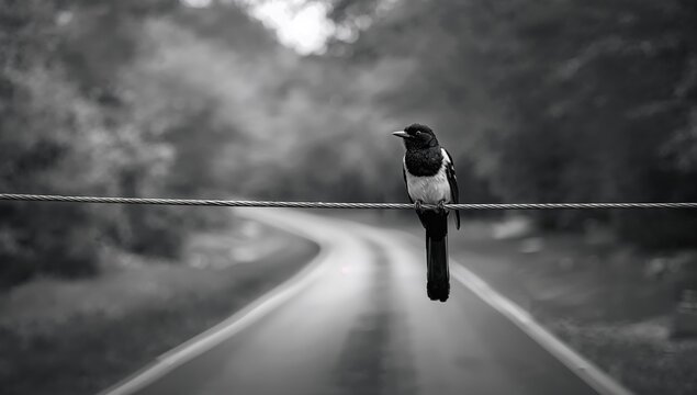 Black and white magpie perched on a wire above the street, observing its surroundings, seasonal change