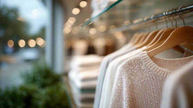 Close-up of empty shelves in a boutique clothing store, soft reflection of window light on glass