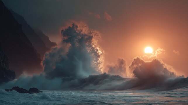 The powerful ocean waves crash against the rocky shoreline as the sun sets, creating a dramatic scene filled with tumultuous energy. The vibrant sunset colors illuminate the crashi