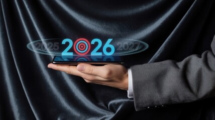 Closeup of a businessman holding a smartphone displaying the year 2026 with surrounding years 2025 and 2027