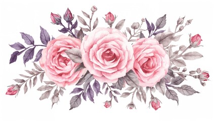 Isolated arrangement of large pink roses with leaves and branches in soft pastel hues, suitable for wedding stationery design