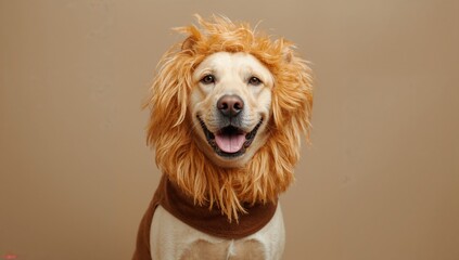 Yellow Labrador retriever dressed as a lion, playful theme