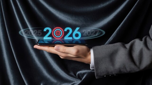 Closeup of a businessman holding a smartphone displaying the year 2026 with surrounding years 2025 and 2027 - Powered by Adobe