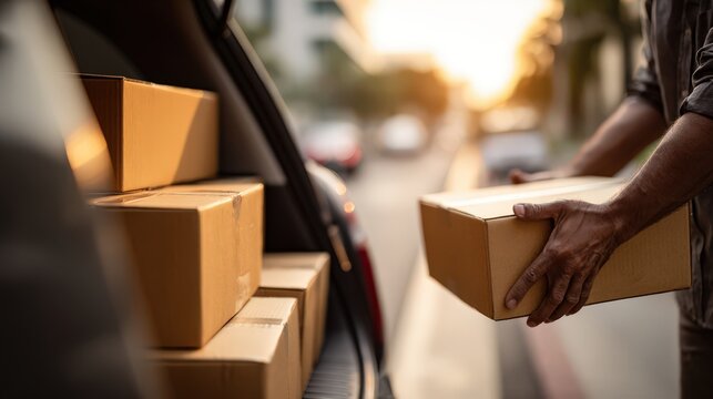 Efficient packing for a road trip or moving day with close-up of hands loading boxes