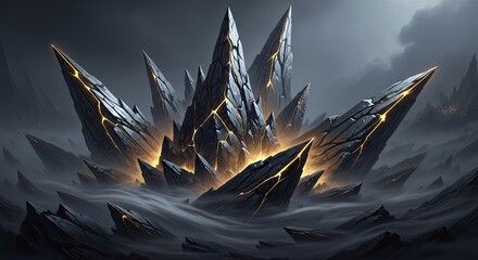 Mystical crystal landscape with ethereal glow amidst a stormy atmosphere creating otherworldly feel