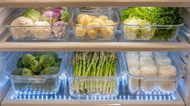 Close-up of refrigerator shelves filled with fresh fruits, vegetables, and dairy, vibrant colors of produce glowing under soft LED lighting, glass containers neatly organized, cond