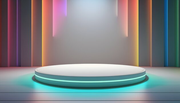 podium for exhibit in the studio empty stage with a spotlight white podium mockup under colorful studio spotlights minimal futuristic 3d background
