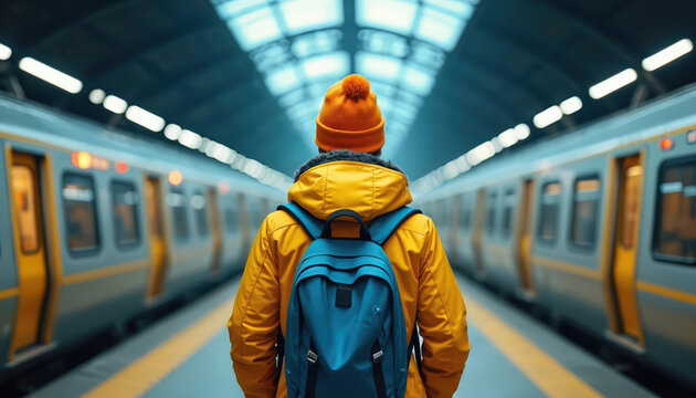 Lone traveler pauses at a train station tunnel. A person contemplates their journey ahead amidst urban transit. Reflection on travel and future possibilities in modern city environment.