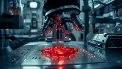 Laboratory microscope examining glowing red virus samples in dark scientific research setting - Powered by Adobe