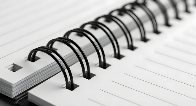 Close-up of a spiral-bound notebook with blank, lined pages, showing the binding,Black spiral-bound notebook with lined pages, perfect for note-taking and organization