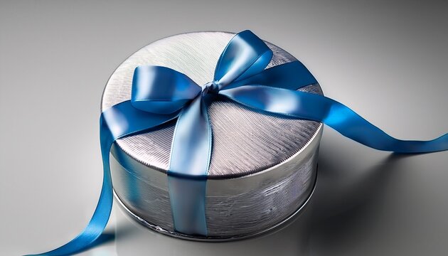 elegant round gift box with a textured silver design and a sophisticated blue ribbon ideal for special occasions