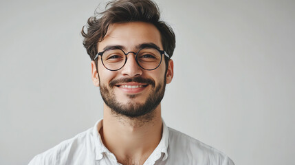 Employee celebrating advancement, crisp facial details, minimal white studio