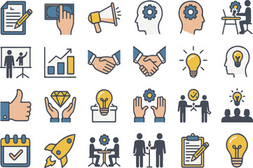 Collection of 24 business finance flat icons with blue yellow accents strategy