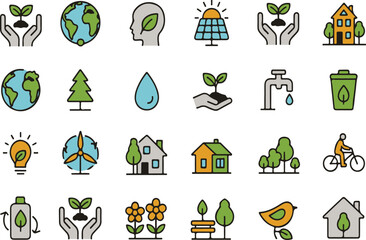 Collection of 24 editable icons for environmental sustainability and green living eco friendly