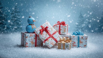 Gift boxes featuring a blue snowman in winter, seasonal celebration for Christmas and New Year's