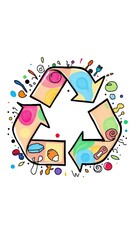 Hand drawn recycling symbol filled with abstract doodles and color,  sustainability,  art