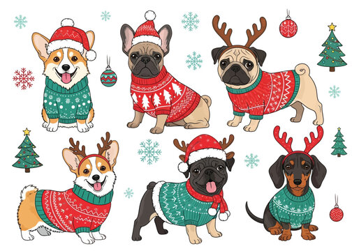 Adorable dogs wearing festive holiday sweaters and reindeer antlers for Christmas fun