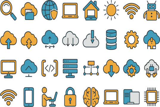 Collection of 32 blue orange gray technology and cloud computing icons technology icons data icons