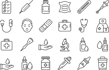 Medical and healthcare icons including syringe stethoscope and pills medical icons