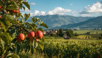 Mountain ranges and hills behind a settlement in summer, with an apple tree branch in the foreground, seasonal change