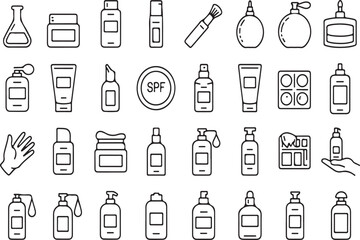 Set of 32 cosmetic and skincare product line art icons icon set beauty