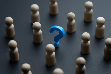 Question mark surrounded by a crowd. Curiosity, inquisitive thinking, investigate, learning concept.