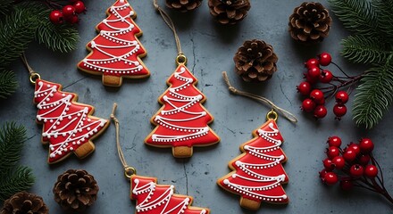 Overhead view of christmas tree shaped gingerbread cookies with pine cones and berries