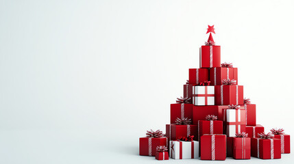 Geometric tower of presents arranged like a Christmas tree, pure white backdrop