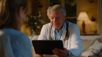 Doctor appearing on tablet screen speaking warmly to veteran patient — symbolizing virtual healthcare, online medical support, senior wellness, and the integration of telehealth technology for