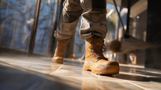 Cleaner washing tiled walls in industrial facility wearing protective boots and goggles — industrial hygiene scene highlighting professionalism, safety compliance, and technical expertise in