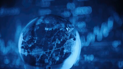Blue-toned stock market chart with glass globe, focus on financial analysis