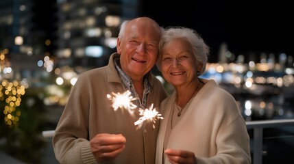 Elderly couple holding sparklers at night with arms entwined, city lights softly glowing behind them — concept of celebratory love, night-time romance, magical moments, and festive lifestyle