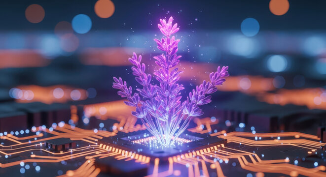 Digital lavender growing on a computer processor