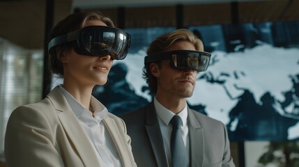 Futuristic VR interface where avatars of professionals teleport instantly into international offices, holographic world map in background — concept of cross-border collaboration, virtual workplace