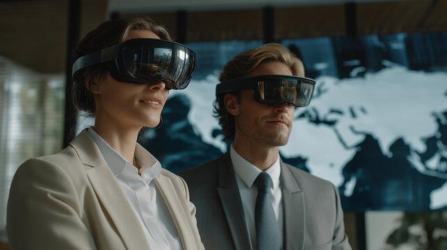 Futuristic VR interface where avatars of professionals teleport instantly into international offices, holographic world map in background — concept of cross-border collaboration, virtual workplace