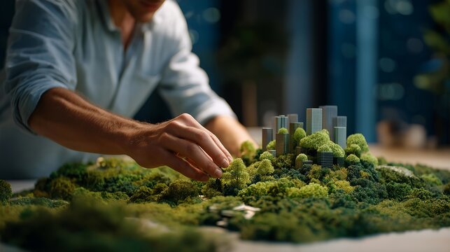 Close-up of architects’ hands reshaping a cityscape model, swapping old grey rooftops for vibrant green gardens and energy-efficient structures — a dynamic and hopeful concept symbolizing