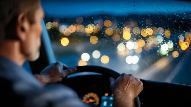 Dramatic close-up of a tired truck driver gripping the wheel with heavy hands, eyelids drooping, highway lights creating bokeh through dusty windshield, warm dashboard light contra