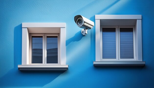 surveillance camera mounted on a blue wall above a small window embodying modern urban security measures - Powered by Adobe