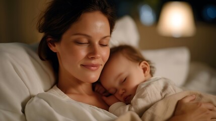 Mother watching her sleeping baby with a peaceful smile, her hand resting protectively on the small blanket — a timeless image of devotion, serenity, and the profound connection that defines
