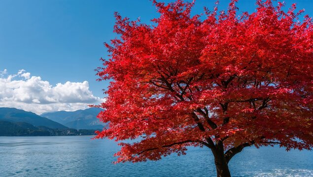 Red Maple Trees by a Lake in Japan, enhancing seasonal beauty