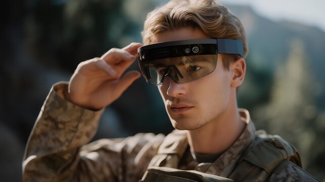 Close-up of soldier adjusting targeting parameters on an AR overlay showing real-time missile guidance and drone positions, highlighting precision defense technology, immersive simulation, and