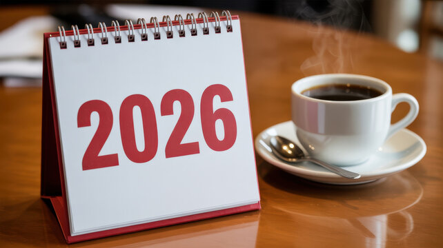 Desk calendar showing the year 2026 next to a steaming cup of coffee