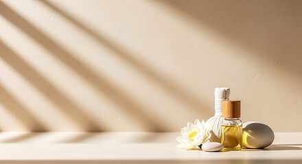 Spa massage tools and essential oil on a neutral background