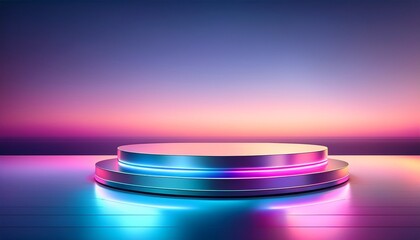 holographic pedestal with neon edges shimmering metallic surface with pink and blue gradient background sleek modern advertising scene