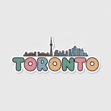 A bright and colorful representation of Torontos skyline, showcasing famous buildings like the CN Tower. The playful font emphasizes the citys name, creating an inviting urban vibe.