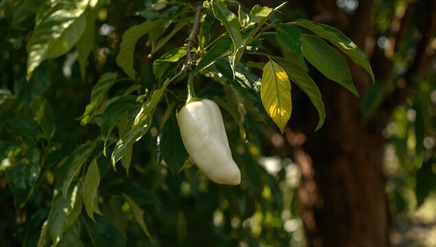 White chili pepper growing on the plant, adding spice to culinary dishes