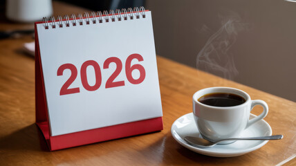 Calendar showing 2026 next to a cup of coffee on a wooden table