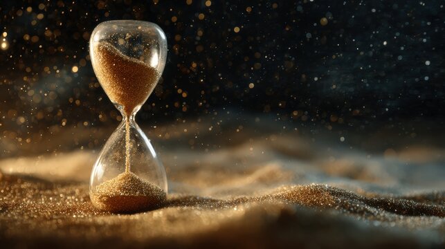 Time passing concept with hourglass and sand against dramatic backdrop